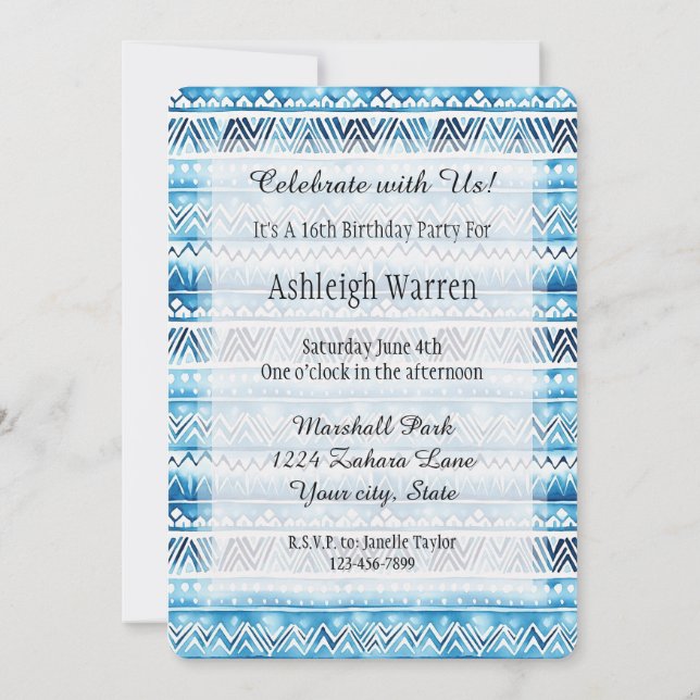 Invitation Aqua Blue White Tribal Stripes 16e anniversaire (Dos)