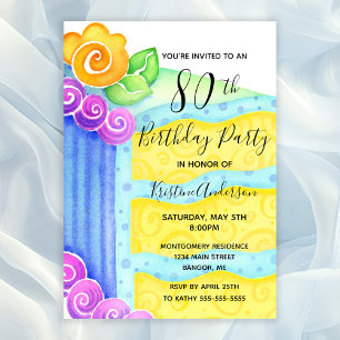 Invitation Aqua Blue Yellow Cake Floral 80e fête d'anniversai
