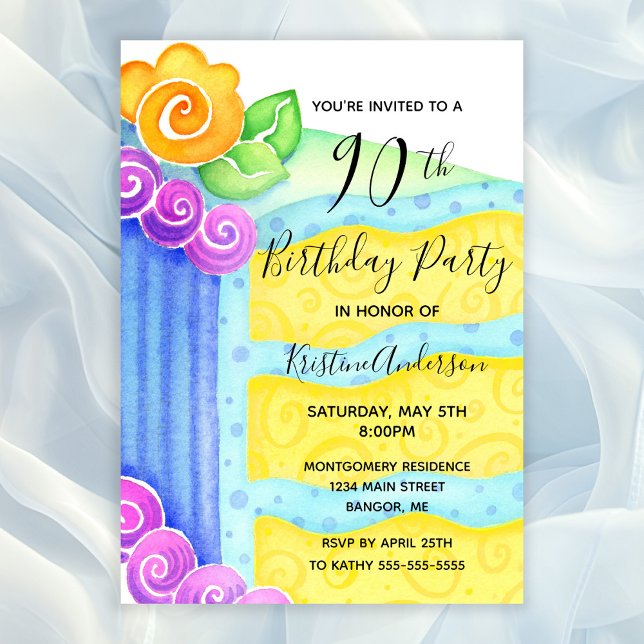 Invitation Aqua Blue Yellow Cake Floral 90e fête d'anniversai (90th Birthday Party Invitation with a piece of cake decorated with aqua blue frosting)