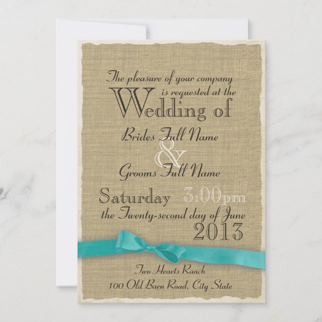 Invitation Aqua Bow et Burlap Mariage Lite (Devant)