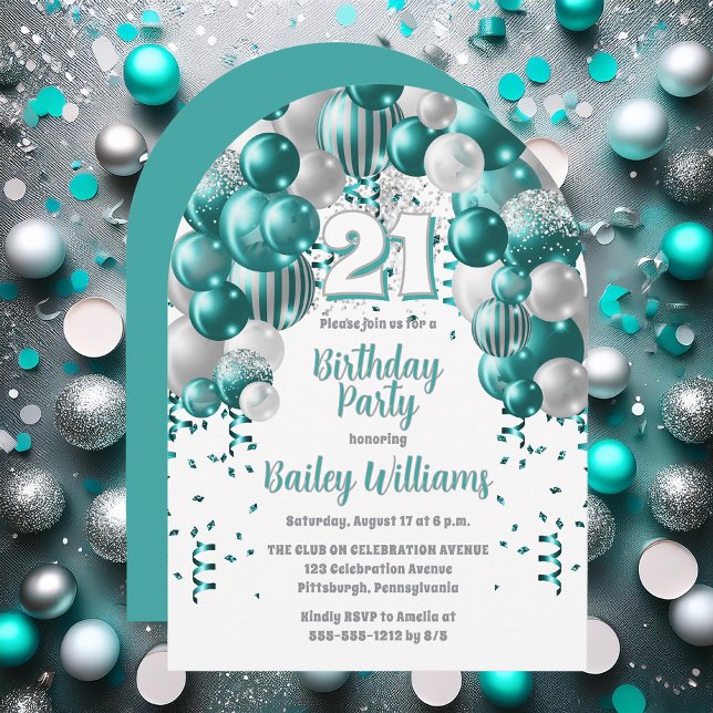 Invitation Aqua Celebration Balloons 21e Anniversaire (Aqua | Silver Balloons "21" 21st Birthday Party Invitations - Print and/or Download Available)