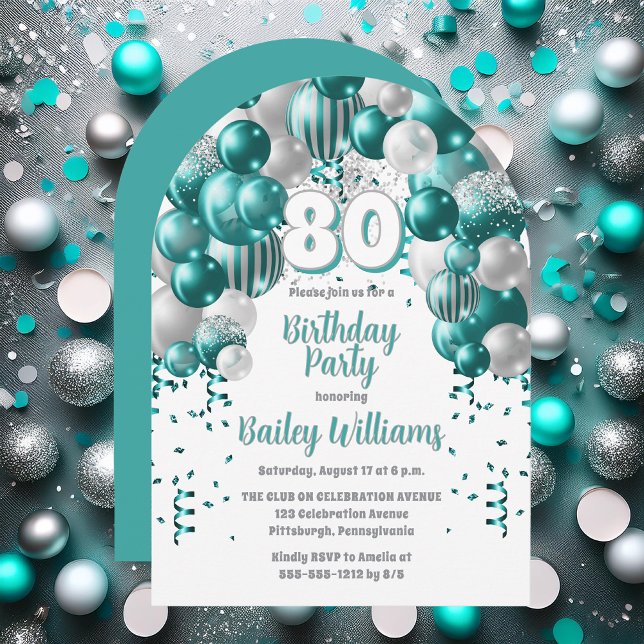 Invitation Aqua Celebration Balloons 80e anniversaire fête (Aqua Celebration Balloons "80" 80th Birthday Party Invitation - Print | Digital Download)