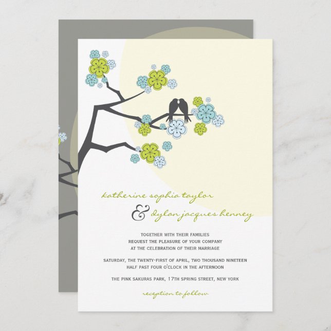 Invitation Aqua Cherry Blossoms Inséparables Mariage Invitati (Devant / Derrière)