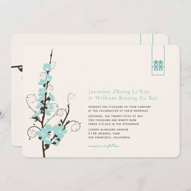 Invitation Aqua Cherry Blossoms Sakura Swirls Mariage asiatiq (Devant / Derrière)