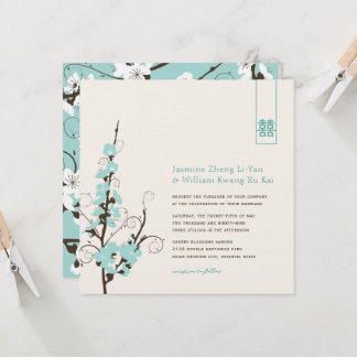 Invitation Aqua Cherry Blossoms Sakura Swirls Mariage asiatiq