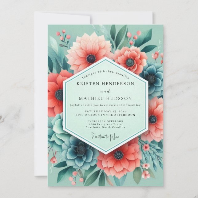 Invitation Aqua Coral Artistic Bloom Wedding (Devant)