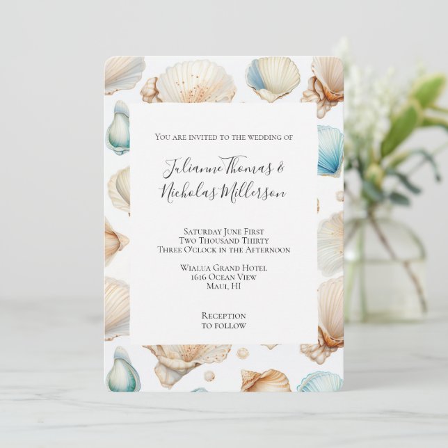 Invitation Aqua Cream Beach Shells Mariage (Debout devant)