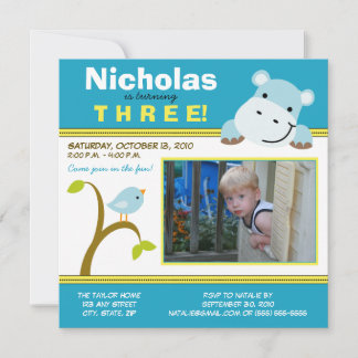 Invitation Aqua Custom Hippo & Birdie Birthday Par