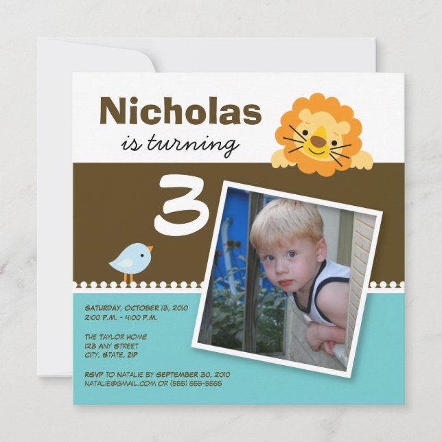 Invitation Aqua Custom Lion & Birdie Birthday Part (Devant)