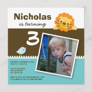 Invitation Aqua Custom Lion & Birdie Birthday Part