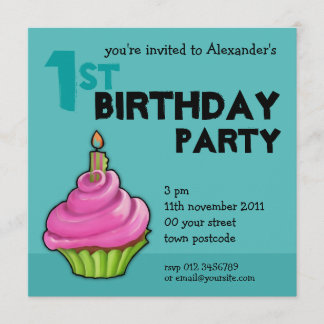 Invitation Aqua de Cupcake rose et vert 1er anniversaire Invi