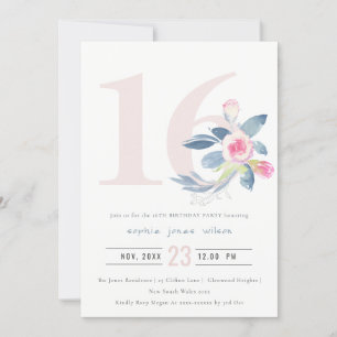 INVITATION AQUA DOUX BLEU BLEU FLORAL 16E TOUT ÂGE ANNIVERSAI