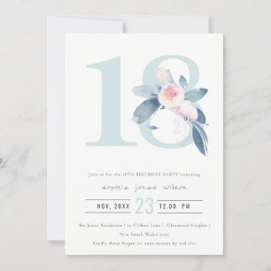 INVITATION AQUA DOUX BLEU BLEU FLORAL 18E TOUT ÂGE ANNIVERSAI