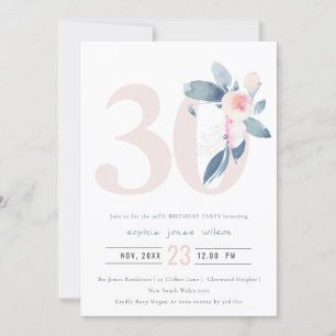 INVITATION AQUA DOUX BLEU BLEU FLORAL 30E TOUT ÂGE ANNIVERSAI