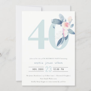 INVITATION AQUA DOUX BLEU BLEU FLORAL 40E TOUT ÂGE ANNIVERSAI