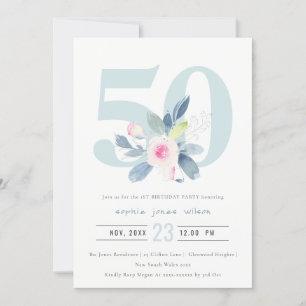 INVITATION AQUA DOUX BLEU BLEU FLORAL 50E TOUT ÂGE ANNIVERSAI
