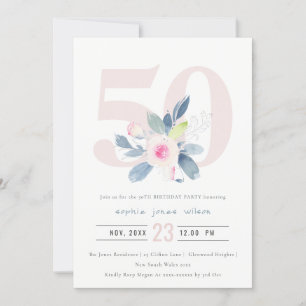 INVITATION AQUA DOUX BLEU BLEU FLORAL 50E TOUT ÂGE ANNIVERSAI