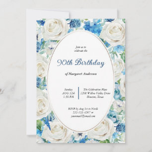 INVITATION AQUA DOUX BLEU BLEU FLORAL 80E TOUT ÂGE ANNIVERSAI
