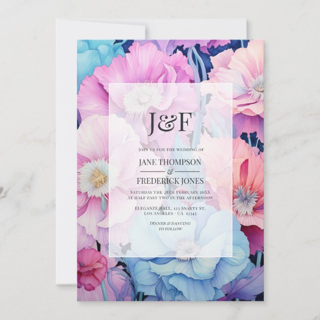 Invitation Aqua doux et Mariage rose clair Monogramme (Devant)