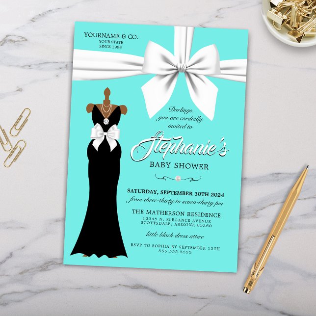 Invitation Aqua Elegant Mode Ethnic Tiffany Baby shower (Elegant Ethnic Tiffany Theme Baby Shower Invitation with Pearls and White Bow and Little Black Dress)
