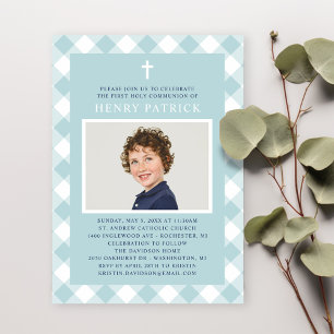 Invitation Aqua En vichy Plaid First Communion for Boy Photo