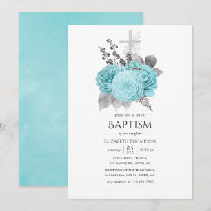 Invitation Aqua et argent Roses vintage shabby Baptême