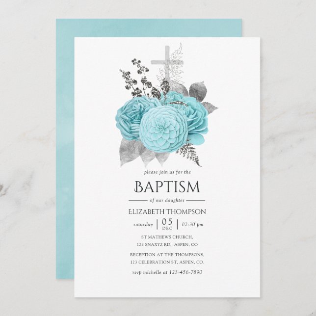 Invitation Aqua et Argent Vintage Shabby Roses Baptême (Devant / Derrière)