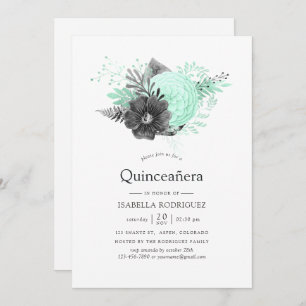 Invitation Aqua et Charbon Floral Rustique Quinceañera