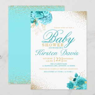 Invitation Aqua et Gold Parties scintillant Floral Boy Baby s