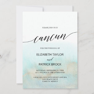Invitation Aqua et Gold Watercolor Beach Cancun Mariage