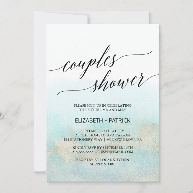 Invitation Aqua et Gold Watercolor Beach Couples Douche (Devant)