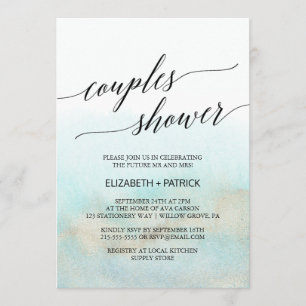 Invitation Aqua et Gold Watercolor Beach Couples Douche