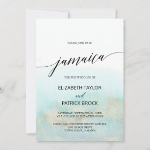 Invitation Aqua et Gold Watercolor Beach Jamaïque Mariage