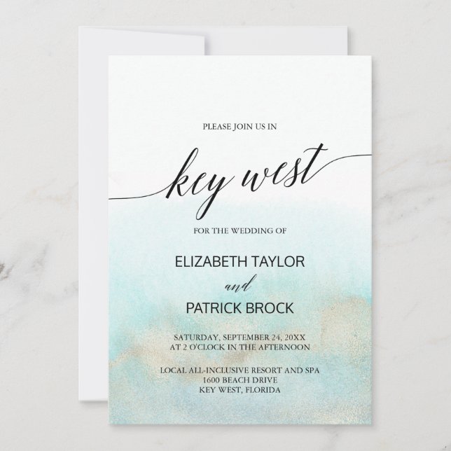 Invitation Aqua et Gold Watercolor Beach Key West Mariage (Devant)
