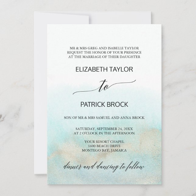 Invitation Aqua et Gold Watercolor Beach Mariage officiel (Devant)