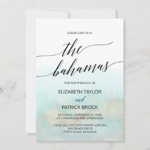 Invitation Aqua et Gold Watercolor Beach The Bahamas Mariage