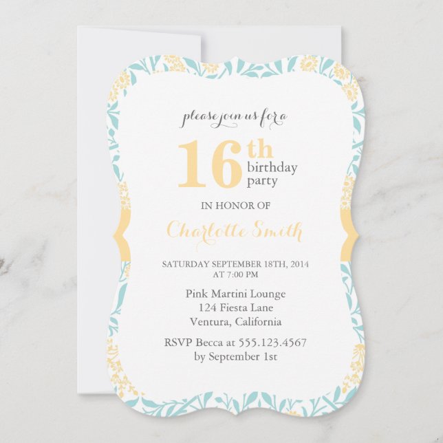 Invitation Aqua et Jaune Floral Motif Anniversaire (Devant)