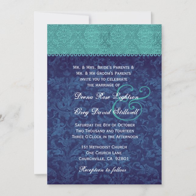 Invitation Aqua et Navy Blue Damask Two Tone Mariage V326 V2 (Devant)