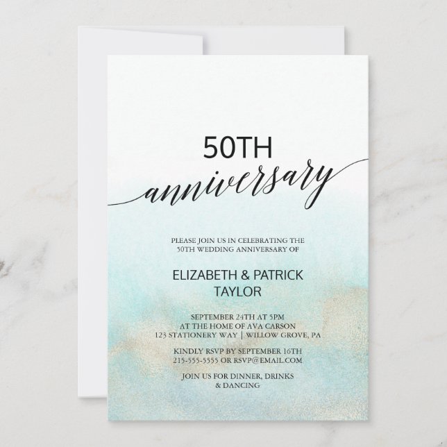 Invitation Aqua et Or Aquarelle Anniversaire de Mariage Plage (Devant)