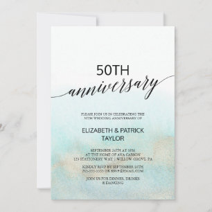 Invitation Aqua et Or Aquarelle Anniversaire de Mariage Plage