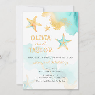 Invitation Aqua Et Or Aquarelle Plage Mariage Starfish