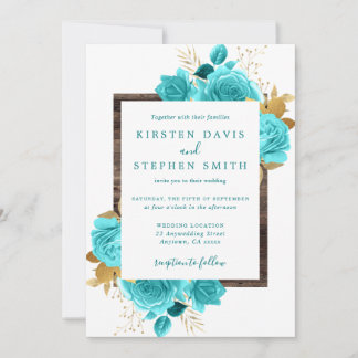 Invitation Aqua et or Floral Mariage de bois rustique