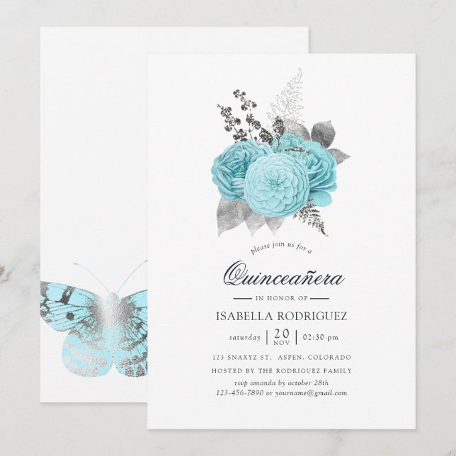 Invitation Aqua et Silver Vintage Shabby Roses Quinceañera (Devant / Derrière)