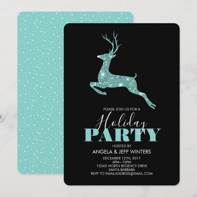 Invitation Aqua Faux Parties scintillant Deer Fête (Devant / Derrière)