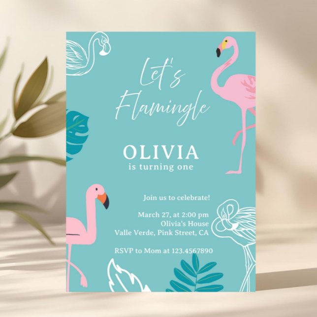 Invitation Aqua & Flamant Rose Tropical Anniversaire (aqua pink birthday invitation, flamingo birthday invitation, first birthday invite, lets flamingle, )