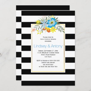 Invitation Aqua fleurs et rayures douche couple mariage