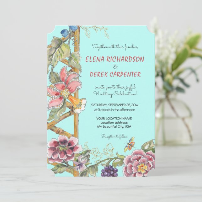 Invitation Aqua Floral Chinoiserie Jardin Mariage (Debout devant)
