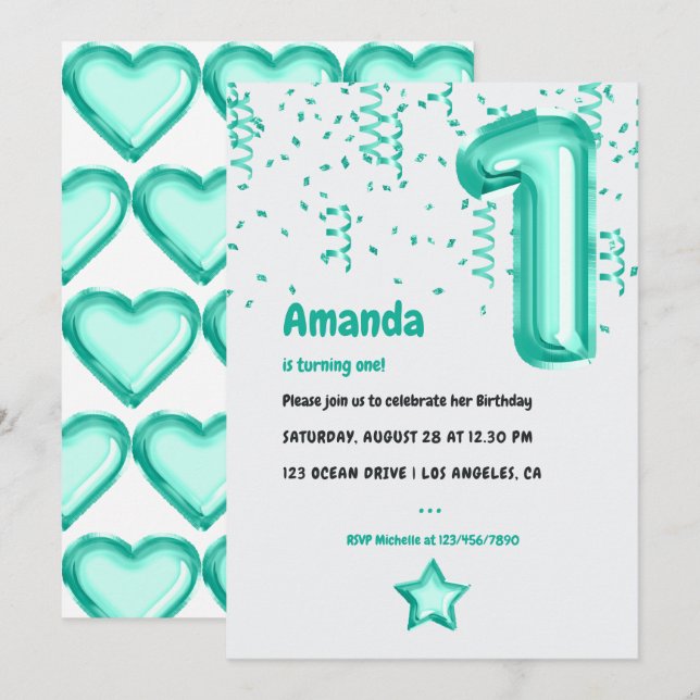 Invitation Aqua Foil Balloon et Confetti 1er anniversaire (Devant / Derrière)