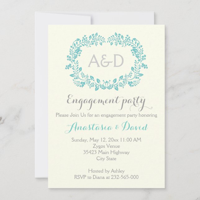Invitation Aqua foliage initiales mariage partie d'engagement (Devant)