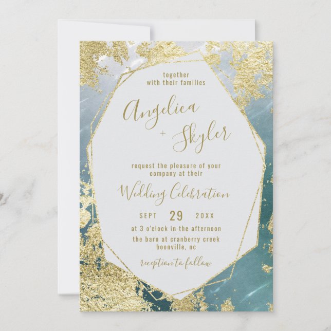 Invitation Aqua & Gold Foil Géométrique Gem Terrarium Mariage (Devant)